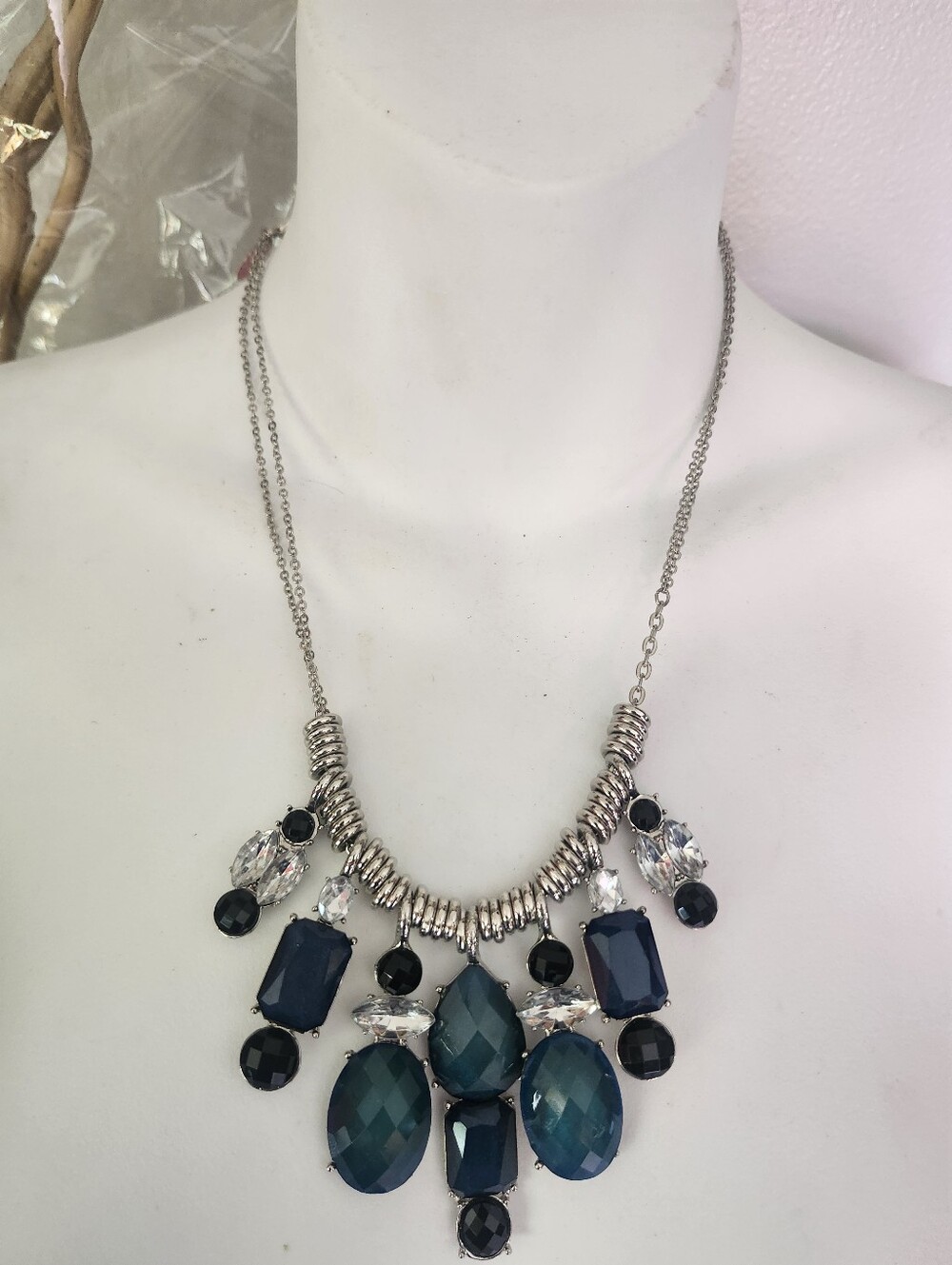 Silver Tone Statement Navy and Black Crystal Bib Necklace - NY Collection